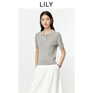 LILY 复古POLO领正肩短袖针织衫 浅花灰 M