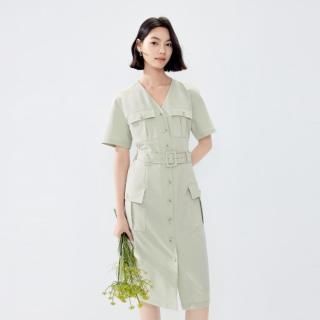 限尺码：伊芙丽 浅茶色气质简约V领工装风中长款职场连衣裙女2024夏装