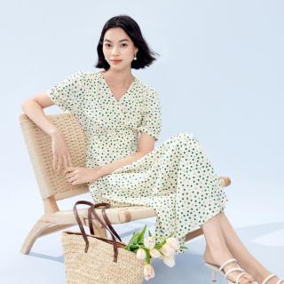 伊芙丽 V领泡泡袖波点显瘦法式碎花连衣裙25夏装气质仙女裙