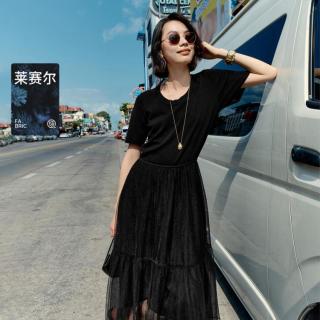 限尺码：伊芙丽 针梭拼接设计感天丝连衣裙女春装黑色轻熟风纱裙