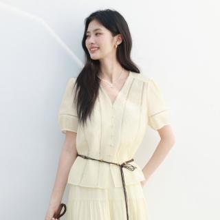 伊芙丽 皱肌理面料精致设计领口花边短袖衬衫上衣女夏季