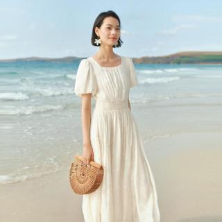 伊芙丽 秦岚代言法式方领收腰休闲百搭度假风仙女连衣裙夏装茶歇裙