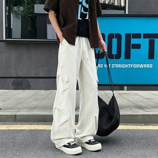 月伊纺 夏季新款男休闲宽松直筒工装裤青年美式高街褶皱伞兵裤百搭哈伦裤