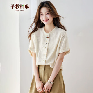 子牧棉麻 法式刺绣显瘦 杏色 M 女士衬衫
