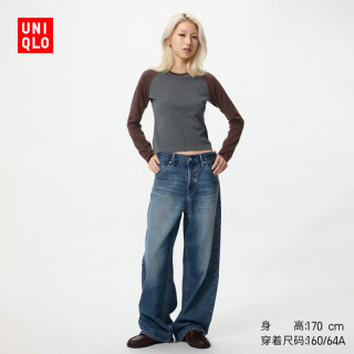 优衣库 女装/男女同款宽松廓形牛仔裤/弯刀镰刀裤子高腰水洗产品479000 67 海蓝色 30 /165/76A
