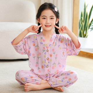 图形 夏季棉绸儿童七分袖长裤睡衣男童女童家居服男女孩宝宝绵绸套装