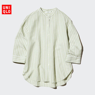 优衣库 麻混纺条纹立领衬衫/七分袖优衣库女装/通勤衬衣483874