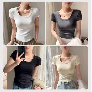 带胸垫瑜伽T恤女春夏季天丝凉感罩杯一体U领修身打底半袖-6602