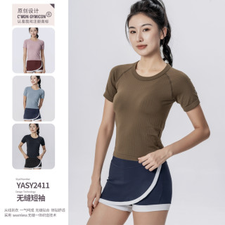运动上衣健身服短袖瑜伽服紧身条纹透气跑步运动训练速干t恤2411