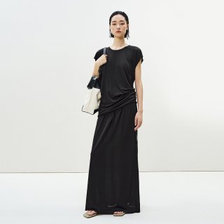 LESS 夏季桑蚕真丝T恤女一字领抽褶软垂气质显瘦包袖上衣2P4110140