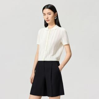 LANCY 朗姿2026夏季新款法式田园镂空POLO领短款针织开衫短袖上衣