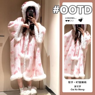 韩版软乎·kt猫睡袍女秋冬珊瑚绒可爱卡通连帽式中长款保暖家居服
