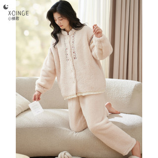 小情歌 睡衣女雪花绒秋冬保暖大码毛绒女士秋冬季可外出家居服套装