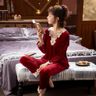 达芬奇密码 金丝绒秋冬季女士睡衣家居服保暖长袖红色加绒加厚新娘