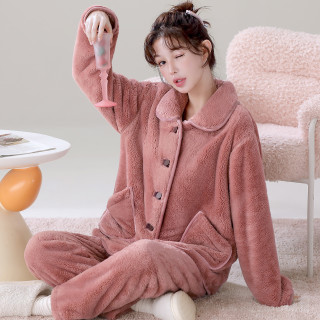 向薇 雪花绒加绒加厚女士休闲家居服套装秋冬天睡衣可外穿