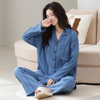 新款女款大码外出轻奢纯棉长袖长裤睡衣套装家居服可外穿带胸垫