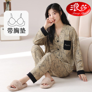 浪莎 带胸垫韩版睡衣套装秋冬季新款家居服大码长袖女士春秋季时尚