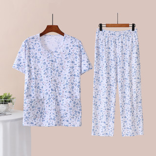 老年夏季薄款短袖家居服套装女纯棉圆领宽松开衫半袖睡衣睡裤套装