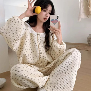 长袖长裤微胖女生大码女生胖mm200斤睡衣女套装甜美家居服