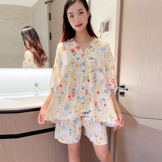 MK 夏季新款印花家居服套装大码宽松薄款睡衣休闲夏天显瘦棉绸两件套