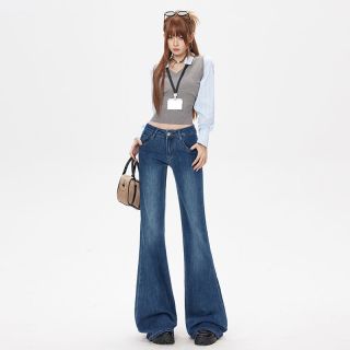 蝴蝶曼 复古美式高腰显瘦直筒牛仔裤女2026秋季新款修身百搭休闲喇叭裤 复古蓝 XS