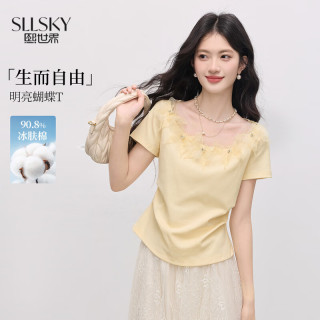 熙世界 钉珠蝴蝶蕾丝拼接短袖T恤女2026夏季新款独特漂亮小衫上衣