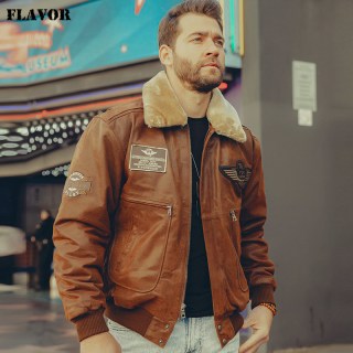 秋冬新款真皮皮衣男美式大码袖标毛领加棉男士A2飞行员皮夹克短款