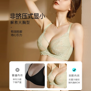 糖粒 大码内衣女薄款大胸显小胸全罩杯聚拢收副乳防下垂超薄文胸罩 嫩草绿 100C