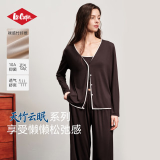 Lee Cooper 女士睡衣家居服套装长袖开衫吊带三件套竹纤维带胸垫可外穿秋季 咖色（长袖+长裤） S （160）