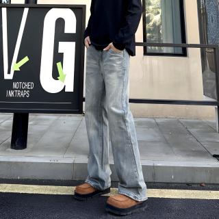 QUALCOMM美式高街竹节纹微喇直筒牛仔裤男秋季cleanfit百搭拖地裤