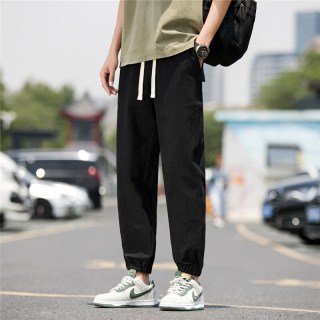 月伊纺 夏季休闲裤男士宽松束脚运动长裤青年100%纯棉哈伦裤学生棉麻长裤
