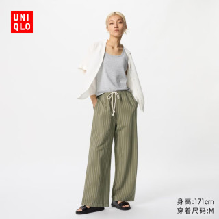 优衣库 女装麻混纺松紧长裤/条纹休闲裤477006 56 橄榄色 3XL /175/88B