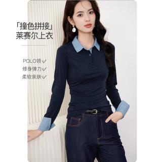 晚白 条纹衬衫领拼接假两件T恤女2026秋新款正肩长袖