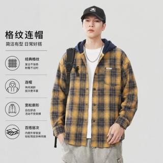 大嘴猴 青少年连帽格子衬衫外套男士秋季宽松撞色格纹假两件休闲长袖衬衣