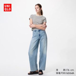 优衣库 484807 宽松廓形牛仔裤 湖蓝色 27/160/68A