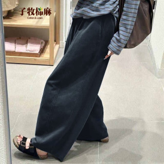 子牧棉麻 2026秋装 女韩版百搭松弛感阔腿宽松显瘦弯刀裤九分休闲裤0769 藏青色
