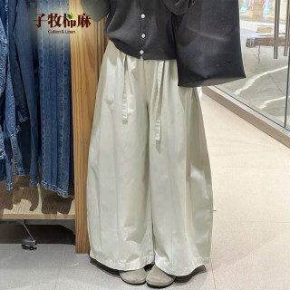 子牧棉麻 2026秋装 女韩版百搭系带阔腿裤慵懒风宽松直筒休闲裤0781 米白色