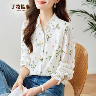 子牧棉麻 2026春装 女文艺复古印花衬衫轻薄印花百搭清新气质时尚衬衣3313 白色