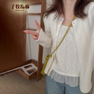 子牧棉麻 2026秋冬装 女韩系气质针织两件套甜美小清新针织开衫套装7261 米白色 均码