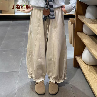 子牧棉麻 2026秋装 女韩版百搭花边阔腿裤宽松显瘦九分花苞裤休闲裤0767 杏色