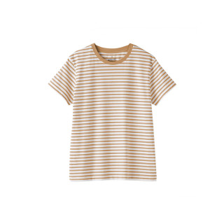 無印良品 MUJI 女式 天竺织 圆领短袖T恤 上衣打底衫女款25年夏季女装BB2SBA5S 暗黄色条纹 S (155/80A)