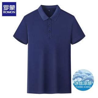 罗蒙 短袖t恤男翻领夏季薄款商务休闲冰丝男士半袖体恤衫男装上衣 藏青 3XL