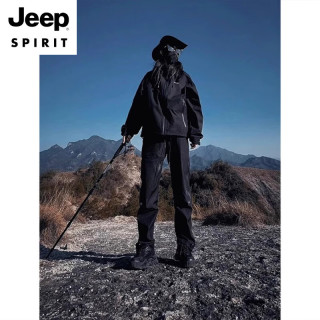 JEEP SPIRIT 黑色软壳防水冲锋上衣外套男款户外爬山运动套装机能速干登山冲锋 黑色+黑色 M (适合90-110斤)