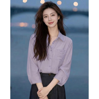 德玛纳 秋季简约风单口袋翻领长袖宽松轻薄外搭女衬衣