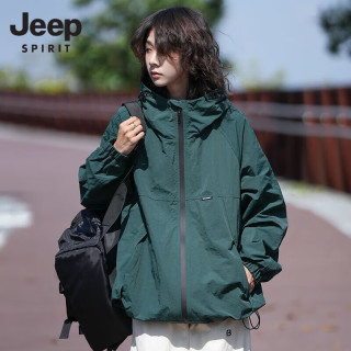 Jeep SPIRIT吉普连帽工装外套男女秋季日系复古设计感防水户外潮牌冲锋衣夹克 墨绿色 S  100-130斤