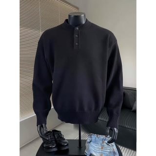 黑色cleanfit亨利领毛衣男生秋冬款加厚慵懒高级感套头针织打底衫
