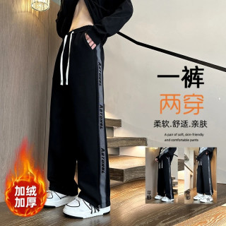 冬季青少年加绒加厚直筒休闲裤男中高学生潮流宽松百搭保暖卫裤