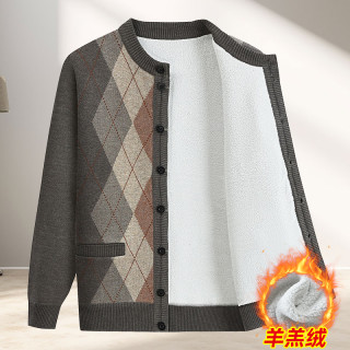冬季羊羔绒针织开衫毛衣中年加绒加厚保暖卫衣爷爷爸爸男士装外套