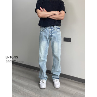 Entong美式高街浅蓝色牛仔裤男春夏cleangit潮牌痞帅vibe微喇裤子