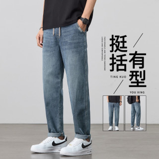 2026夏季新款松紧腰无铁牛仔裤男士男款弹力百搭宽松直筒长裤子男